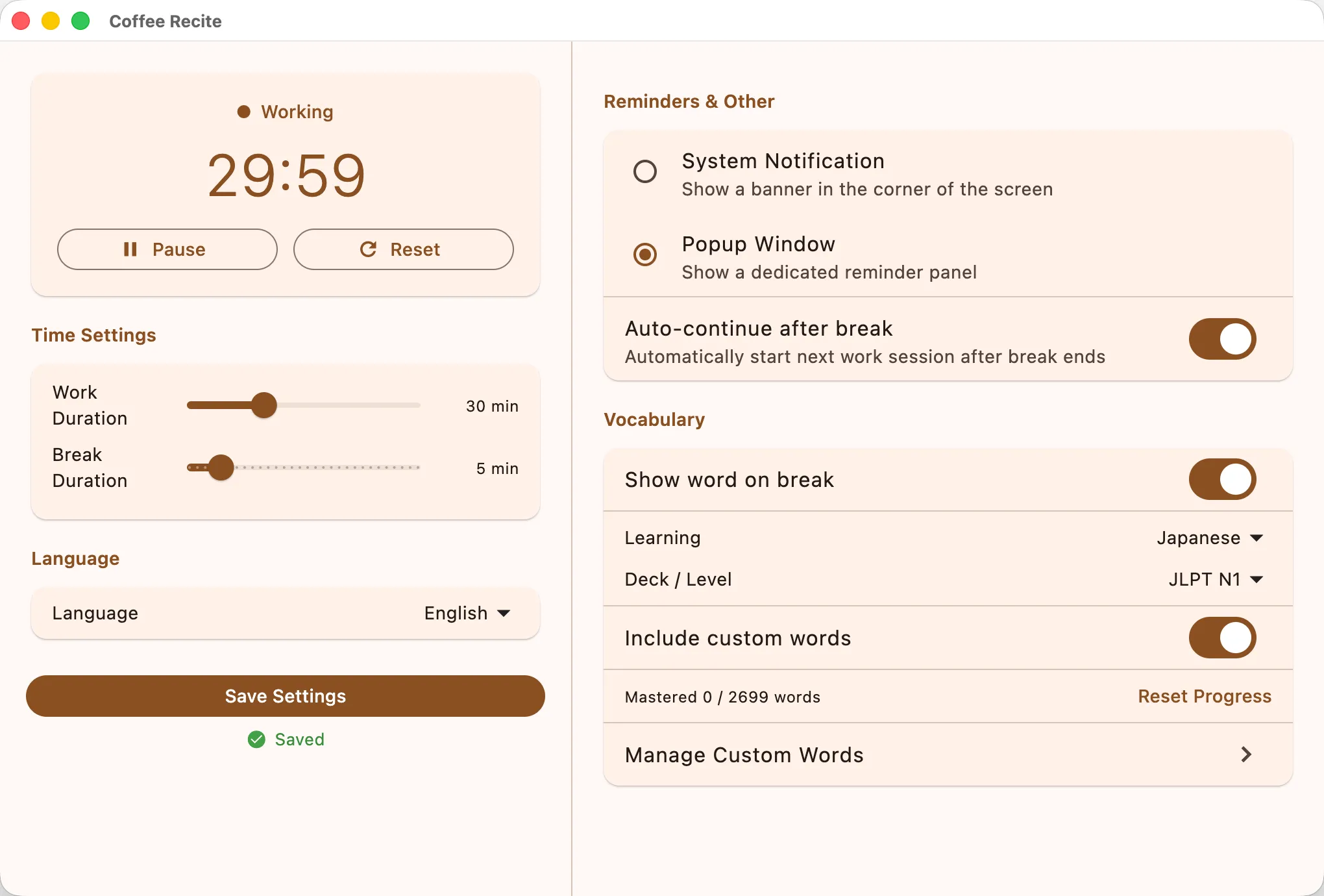 Coffee Recite break timer settings with work and break durations on macOS