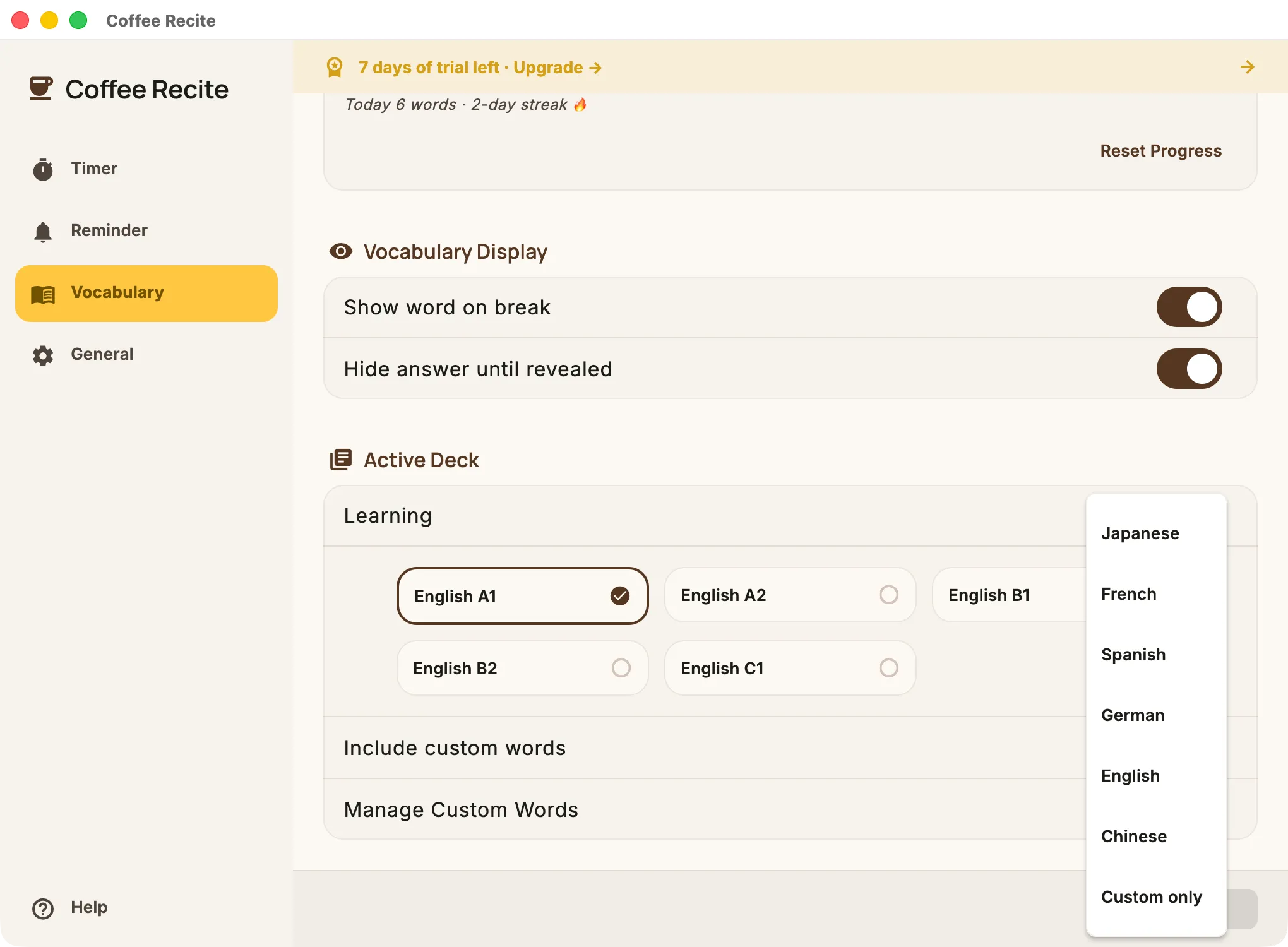 Deck and language selector showing Japanese, French, Spanish, German, English and Chinese options