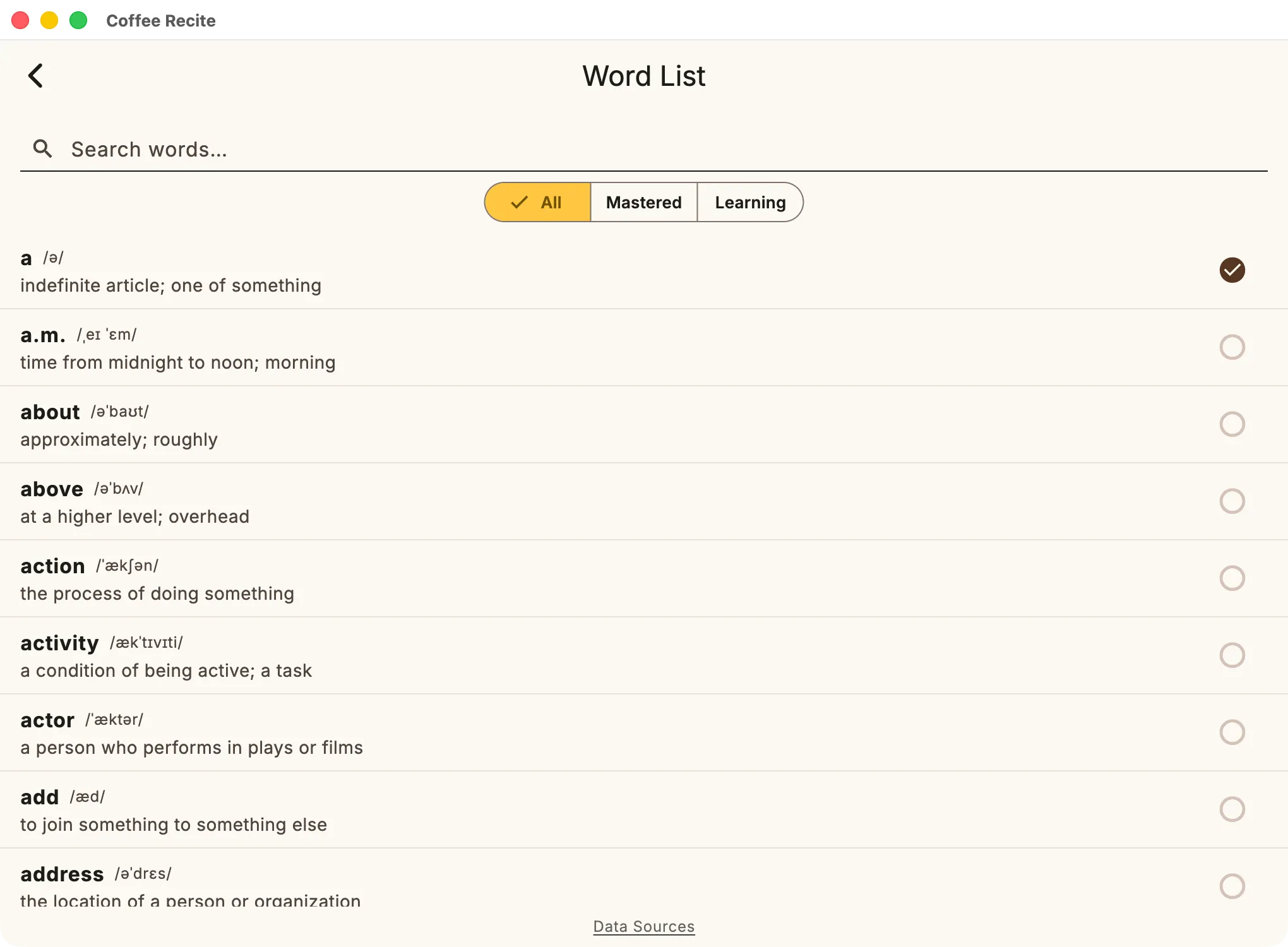 Word list screen with a search bar, All/Mastered/Learning filters, and vocabulary entries with definitions